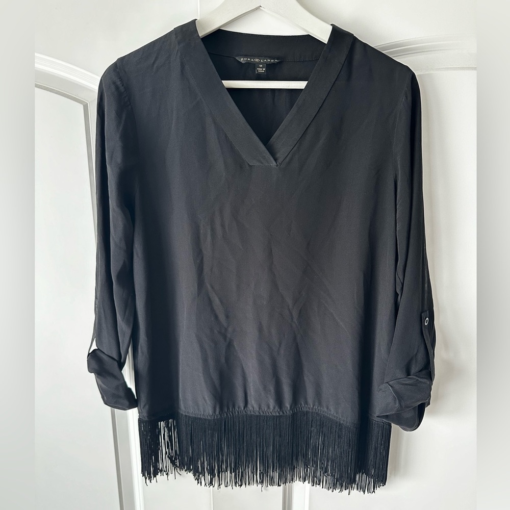 Dora Landa black silk top with fringe, size Med